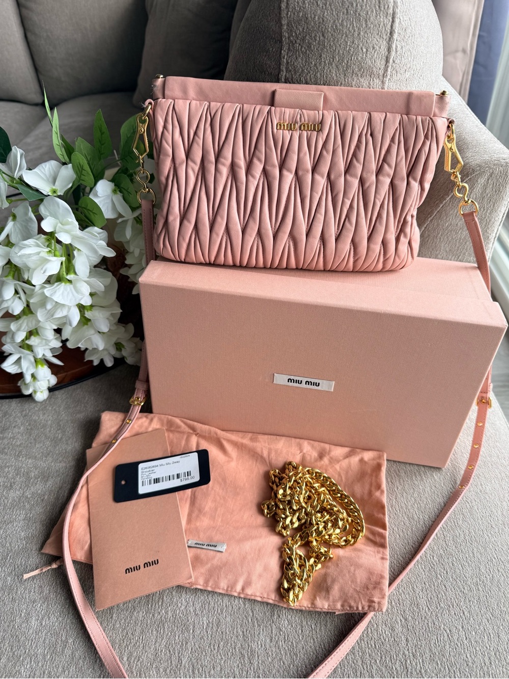 Miu Miu Dusty Pink Matelassé Crossbody Bag with Gold Hardware